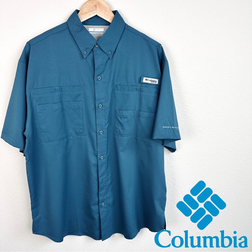 Columbia PFG Omni-Shade Short Sleeve Button Down‎ Fishing Shirt Blue Mens Medium